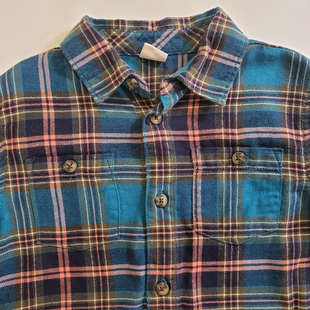 K1413 * Gymboree Boys Epic Dig Teal Plaid Flannel Button Down Shirt Size Small